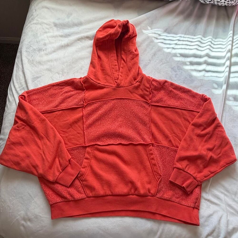 Aerie Sherpa Patchwork oversized orange Hoodie sweatshirt comfy lounge sz medium